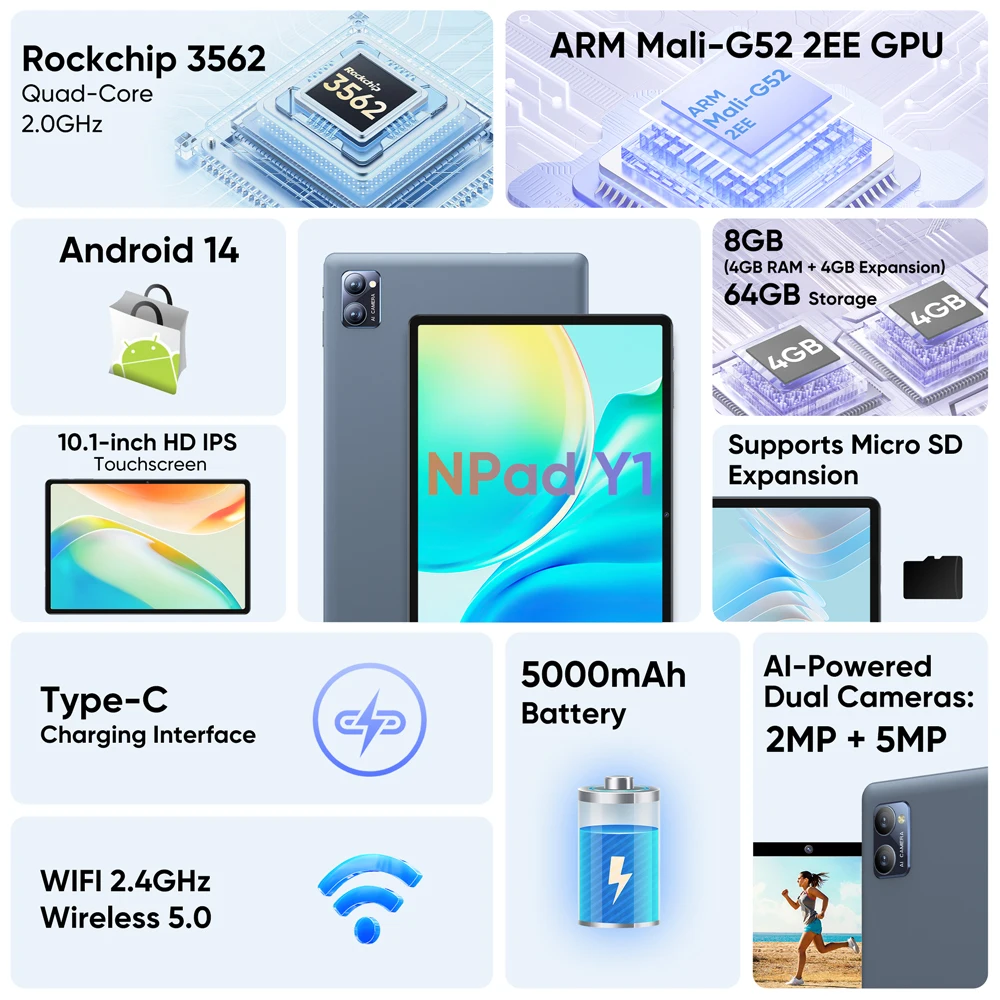N-ONE Npad Y1 10.1 Inch Tablet Android 14 8(4+4)GB 64GB 1280*800 IPS Screen 5000mAh Battery UNISOC RK3562 4-Cores WIFI Tablet