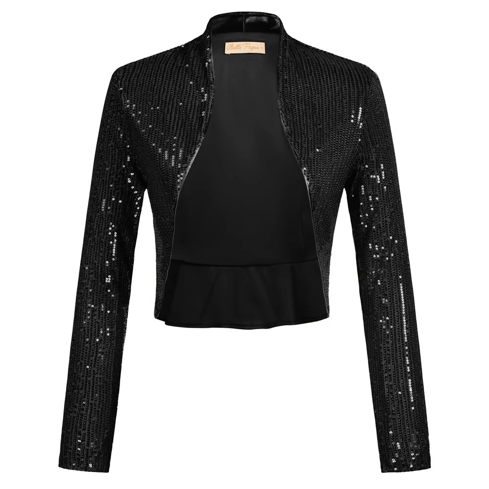 Belle Poque Women\'s Sequin Jacket Long Sleeve Open Front Glitter Cropped Blazer Bolero Shrug Vintage Sequined Ruffled Hem Party