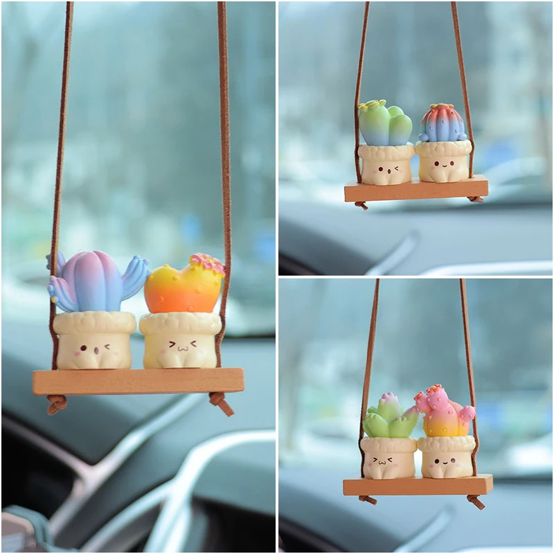 Resin Cute Swing Colorful Cactus Car Rearview Mirror Pendant Car Couple Decoration Pendant For Car Product Interior Accessories