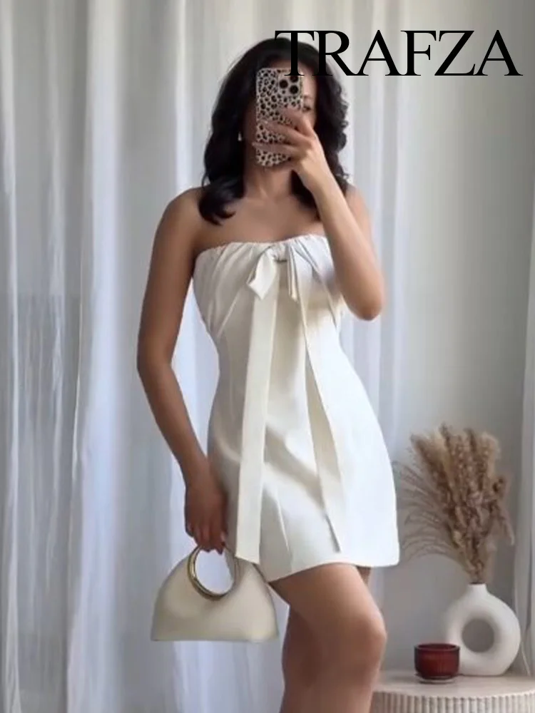 

TRAFZA 2025 Women's Fashion Backless Mini Dress Female Sexy Sleeveless Bow Decorate Solid Back Zipper Strapless Waist Dress
