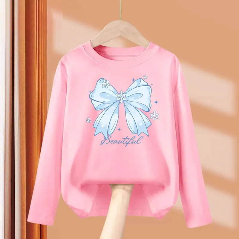 Spring and Autumn Bow T-shirt for Baby Girls Long Sleeve Cotton Tops Fashion Printed Clothes for Children 3-14T Tees