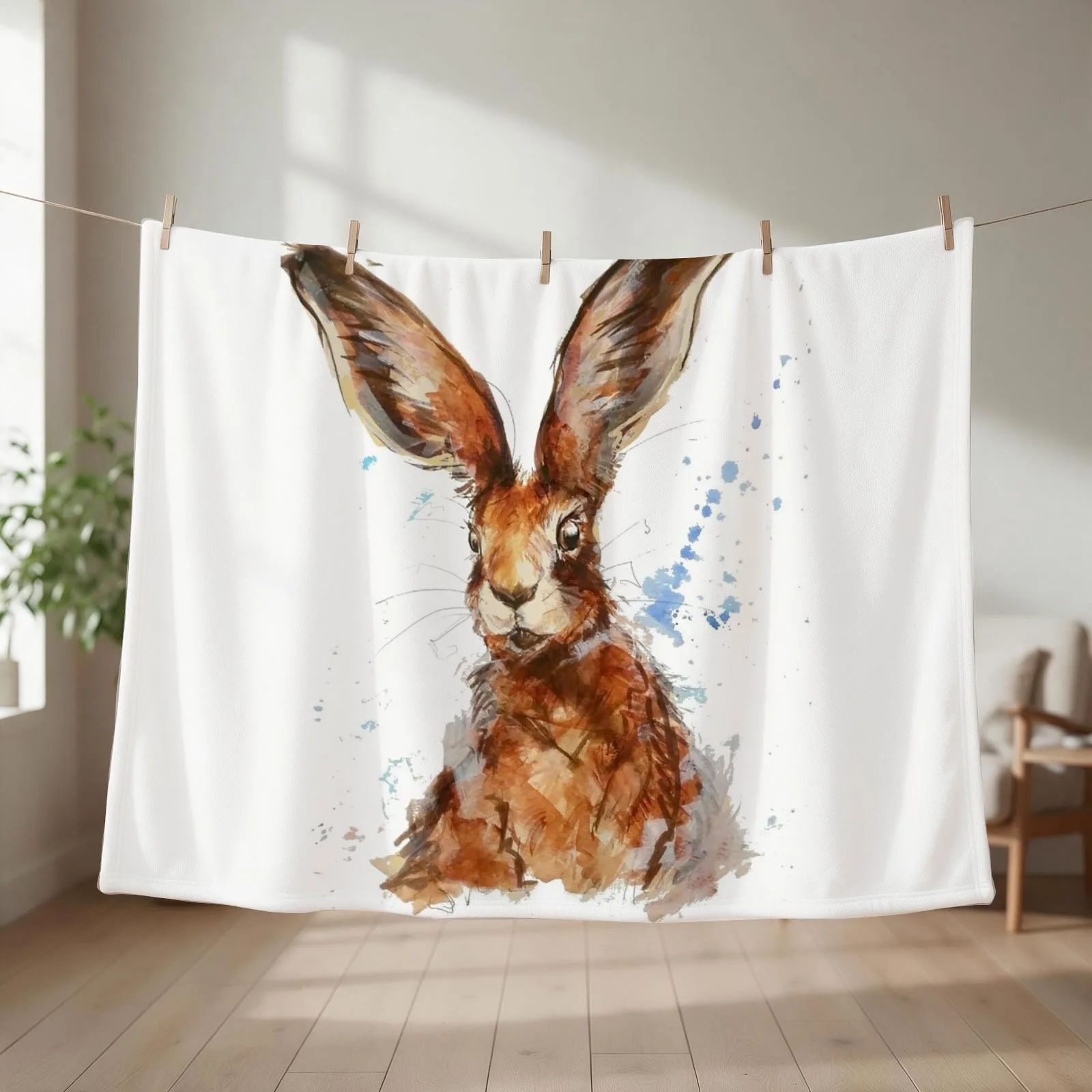 Watercolour Hare Painting Throw Blanket couch cozy soft plush fuzzy picnic outdoor blanket