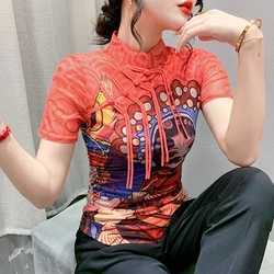 Summer Chinese Style T-shirts Women Mandarin Collar Short Sleeve Tassel Buttons Printing Mesh Tops TShirt For Female FF6869