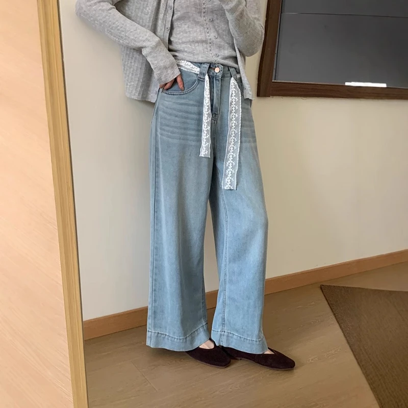 

Retro Blue Jeans Women's Spring and Summer Loose High Waist Straight Wide-leg Pants