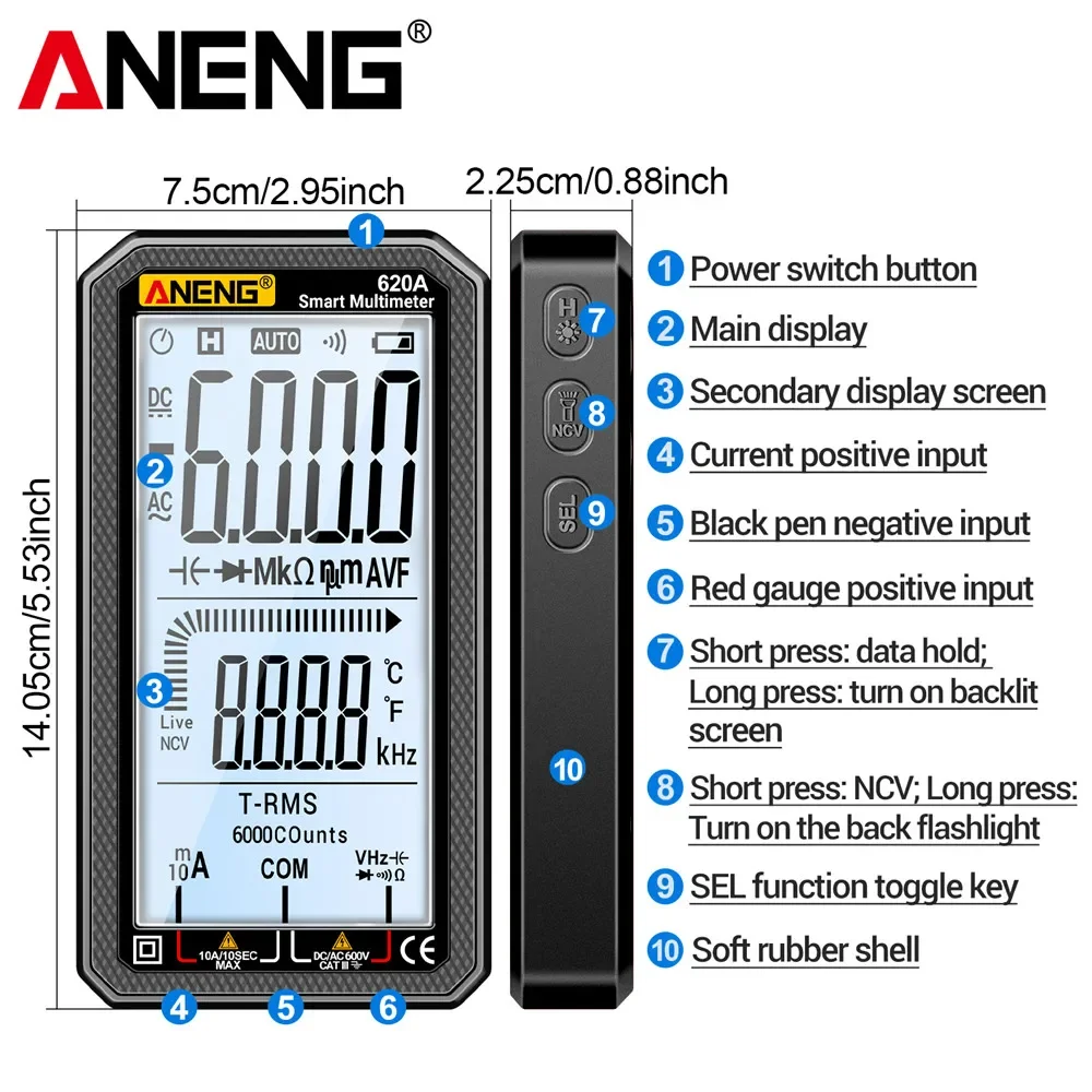 Multimeter Digital Cerdas 620A 6000 Counts True RMS Penguji Transistor Otomatis Pengukur Kapasitansi Listrik Alat Pengukur Suhu dan Resistansi