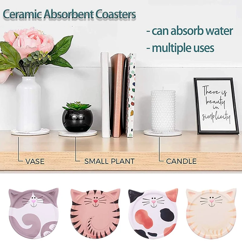 كوستر 4 قطع كوستر للمشروبات، قاعدة أكواب سيراميك ممتصة للماء، قاعدة كوستر لطيفة على شكل قطة، لطاولة القهوة والحليب والقهوة والمشروبات الساخنة، إلخ