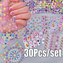 30Pcs/set Colorful Glitter Mini Flowers Nail Art Sticker 3D Five-Petal Floret/Heart/Bow Nail Slider Self-adhesive Manicure Decal