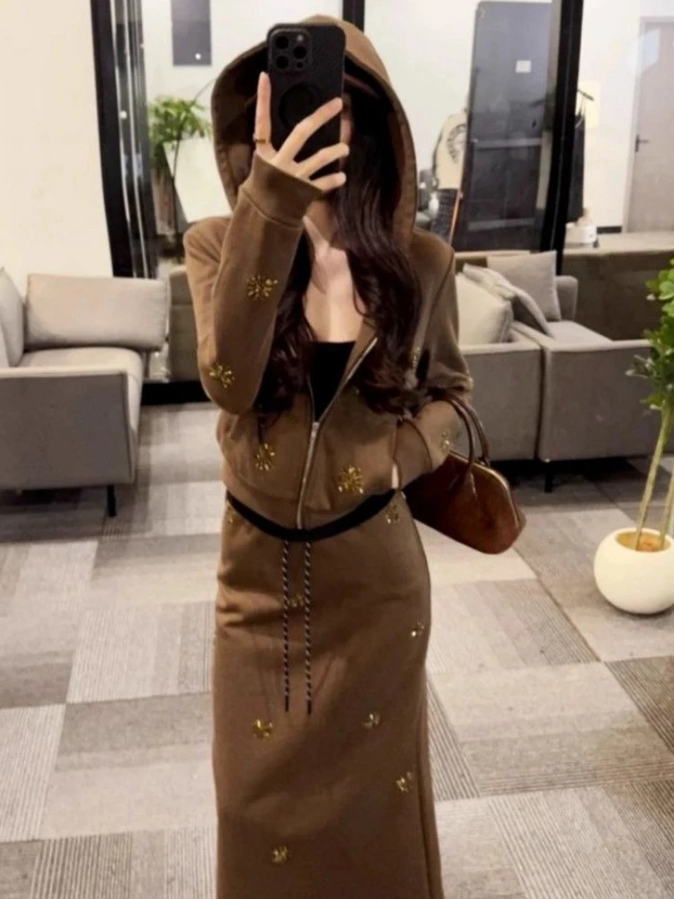 2025 Aesthetic Two Pieces Set Harajuku Women Casual Hooded Hoody ​+ Migh Waist Drawstring Maxi Skirts Grunge Suit