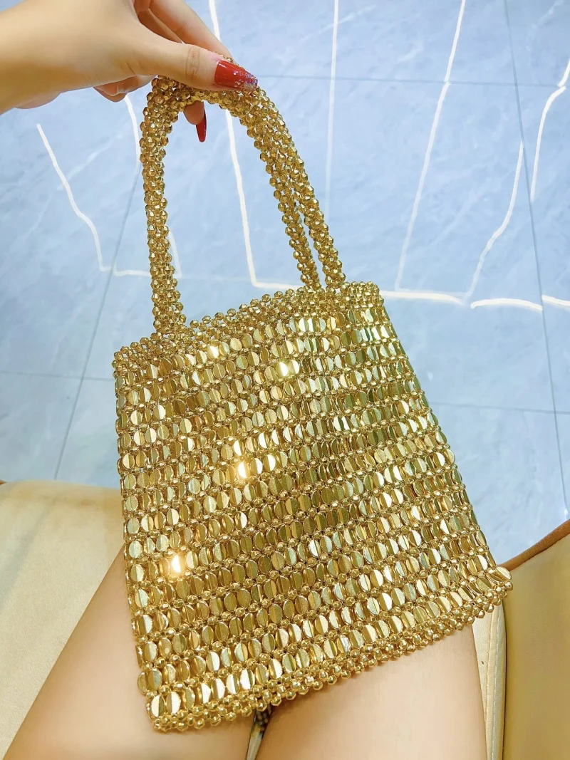 Retro Shiny Handmade Metal Beaded Small Handbag Pure Color Square Soft Handle Women's Fashion Party Bag