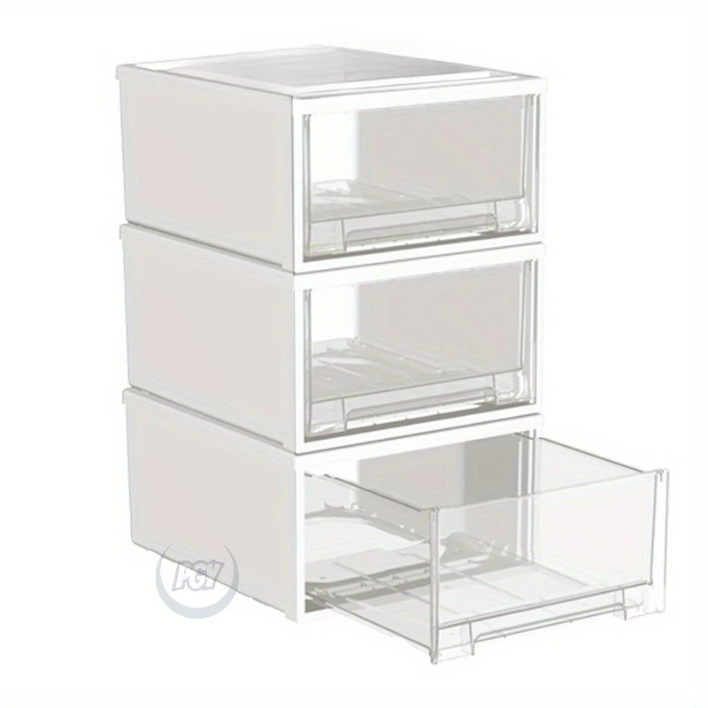 3pcs Plastic Storage Boxes with Drawers Modern Stackable Cosmetic Organizer Home Kitchen Space-Saving Storage Cabinet Organizing