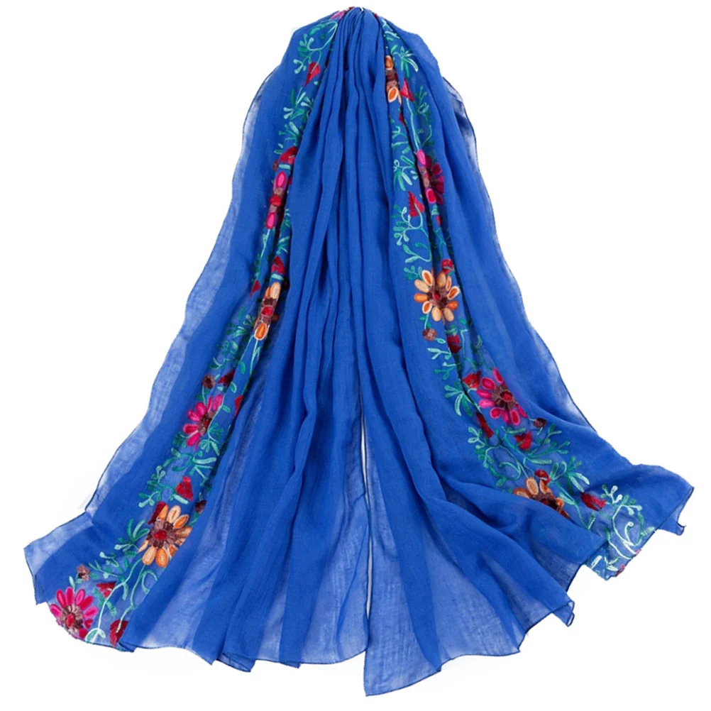 Sciarpa di lino in cotone ricamato con fiori blu royal Scialle di moda per donne Ragazze Decorazione di vestizione Cotone ricamato floreale