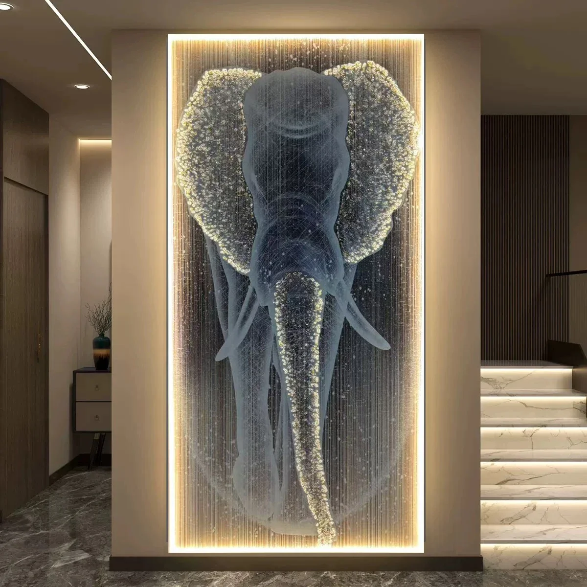 Modern High-End Luxury Crystal Inlaid LED Wall Lamp - Remote Control Elephant Art Hanging Decor for Living Room Space