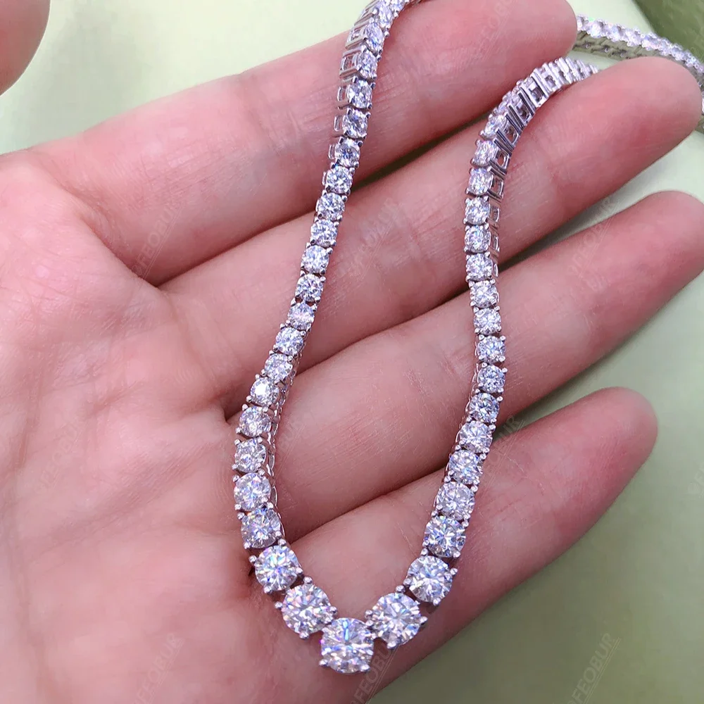 FEOBUR V-Style Moissanite Diamond Tennis Necklace for Women 3-5mm Gradient Diamond Choker Chain S925 Sterling Silver Jewelry GRA