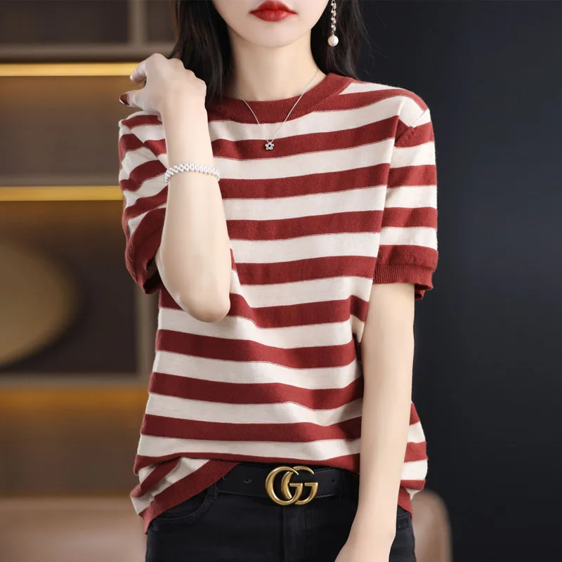 

Women Clothing New O-Neck Knitted Sweater Women Pullovers Short Sleeve Striped Knit Sweater Pullover Women Tops Knitwears Q3671