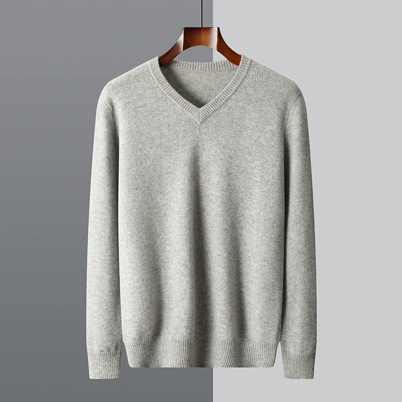 New Men Thick V-neck Wool Sweater Autumn Winter Long Sleeve Smart Casual Pullover 100% Merino Wool Knitwear Cashmere Jumper Tops