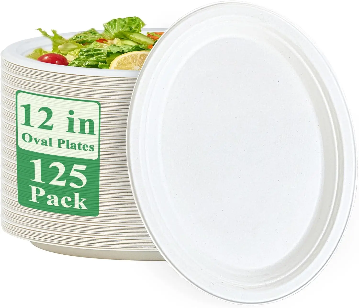 12 Inch Oval Paper Plates 125 Pack Super Strong Disposable Bagasse Natural Biodegradable for BBQ Party Dinner Picnic