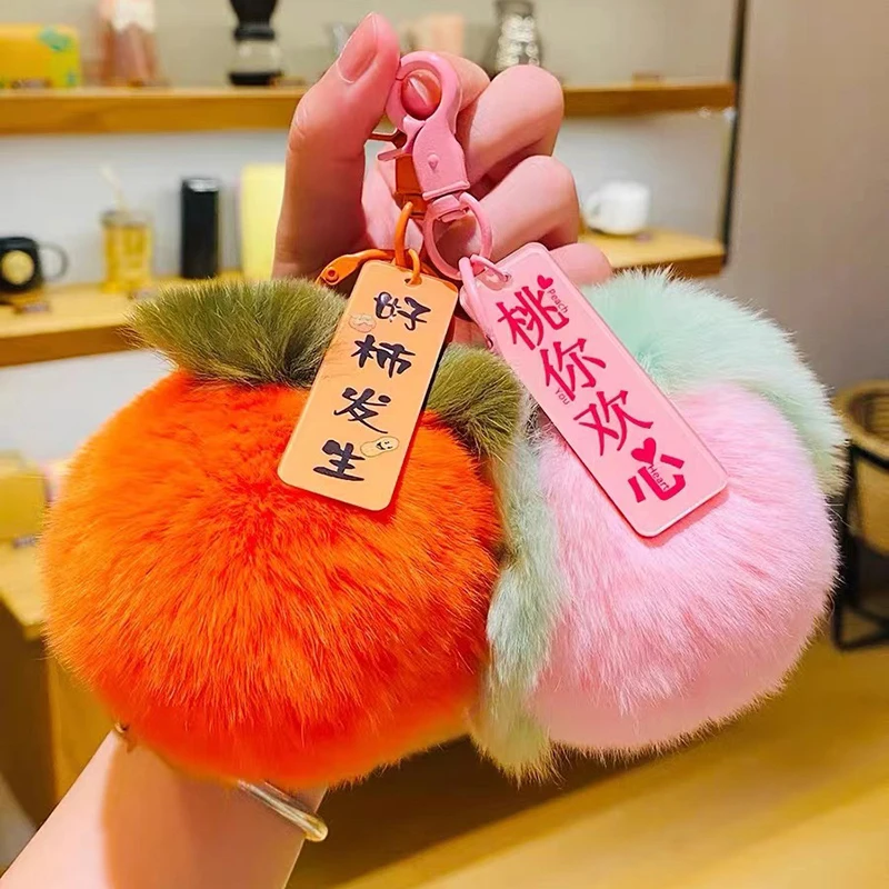 

Faux Rabbit Fur Mini Cute Small Persimmon Keychains Women Plush Rex Rabbit Fur Car Key Chain Bag Decoration Pendant Gift