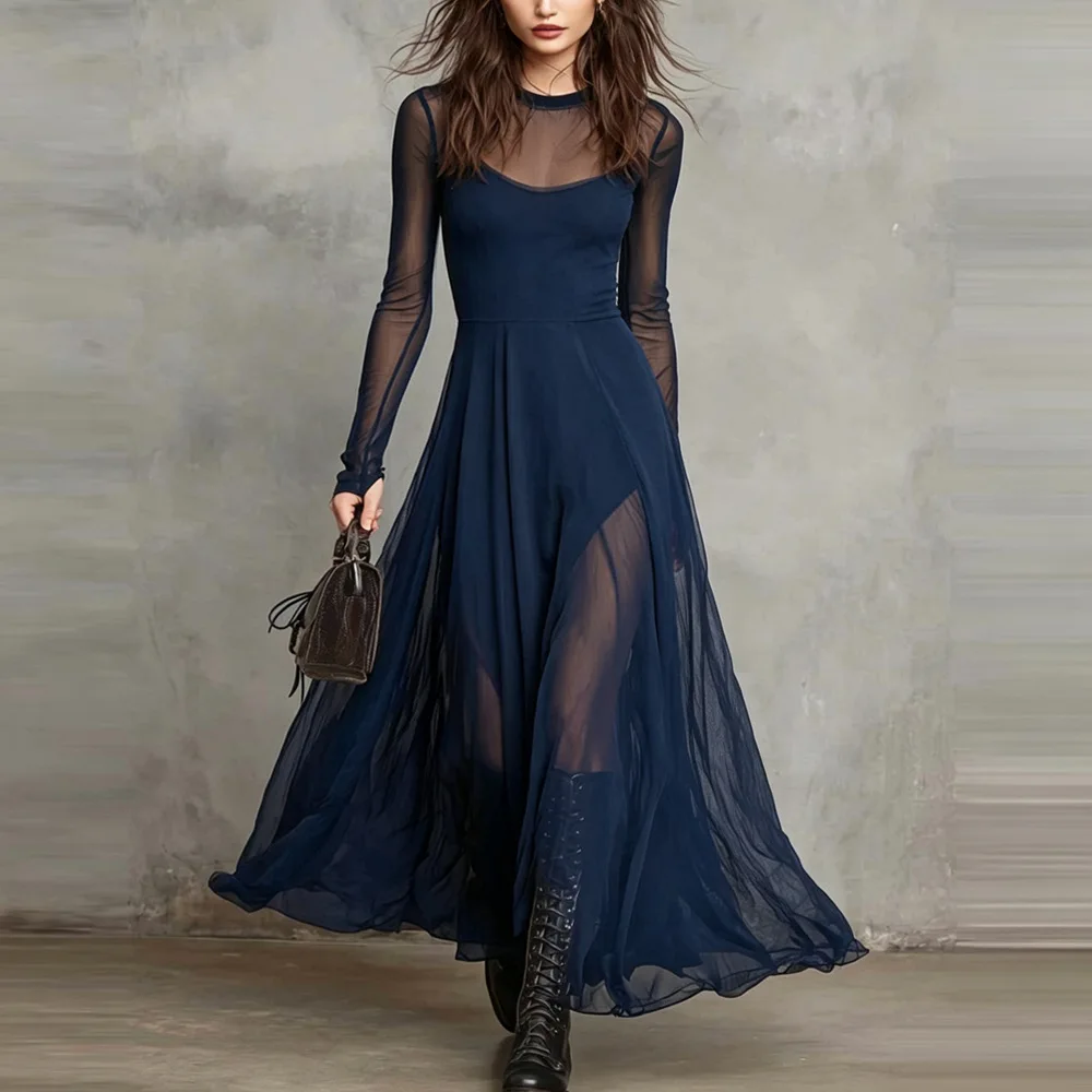 Damen-Maxikleid mit langen Ärmeln aus Netzstoff, durchsichtig, A-Linie, fließend, Gothic, elegant, für Abendpartys, schmal geschnitten, schwarzes langes Kleid – Detail 2