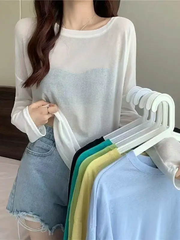 

Ultra-Thin Women's Sun Protection Shirt Silk Long Sleeve round Neck Top Korean Style Air Conditioning Shirt Summer New Arrival