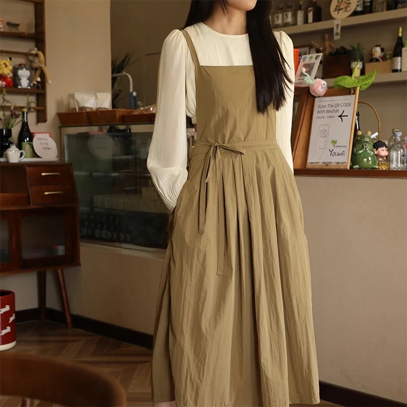 Lightweight Work Waterproof Apron for Beauty Salon Nails Shop Oil-proof Long Pleated Women's Kitchen Apron Dress with Pockets