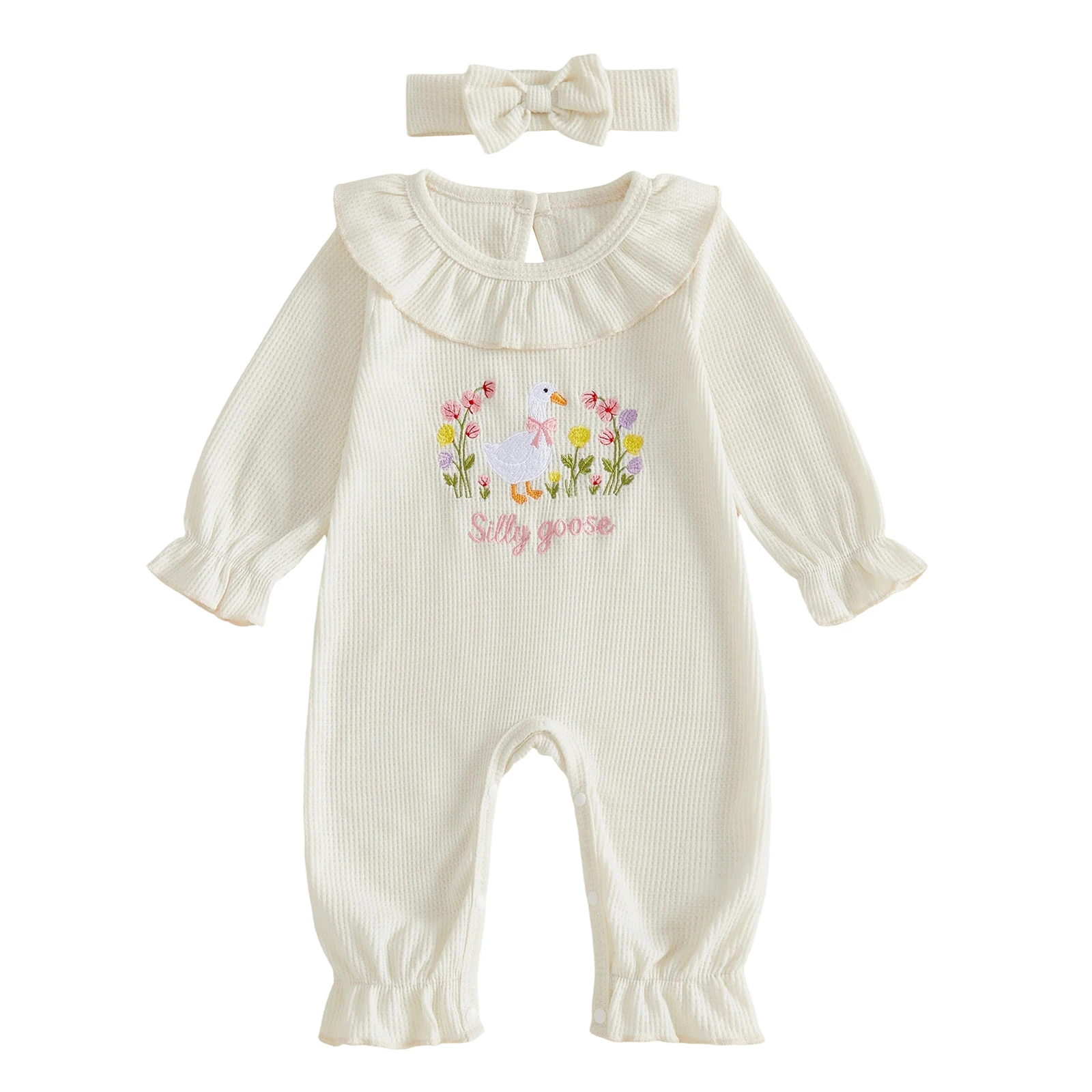 Infant Girl Outfit Long Sleeve Crew Neck Waffle Knit Romper and Headband