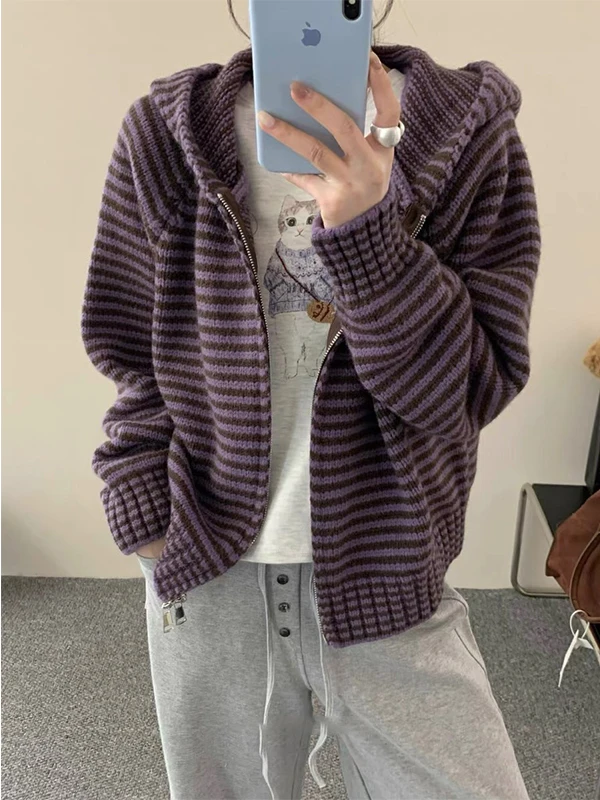 

Purple Striped Soft Thiened Hooded Knitted Sweater Cardigan Women's Autumn Winter Loose Lazy Sle Outerwear Top