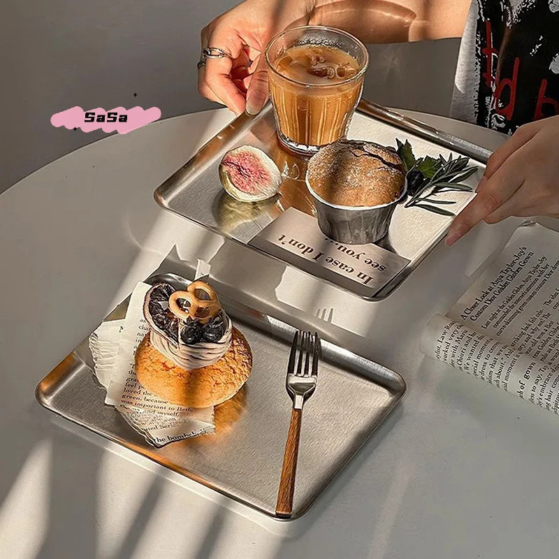 S-Nordic Stainless Steel Rectangular Coffee Shop Pallet Storage Disk Net Snack Cake Dish Dining Dessert Plate Kitchen Dish Tray view 2