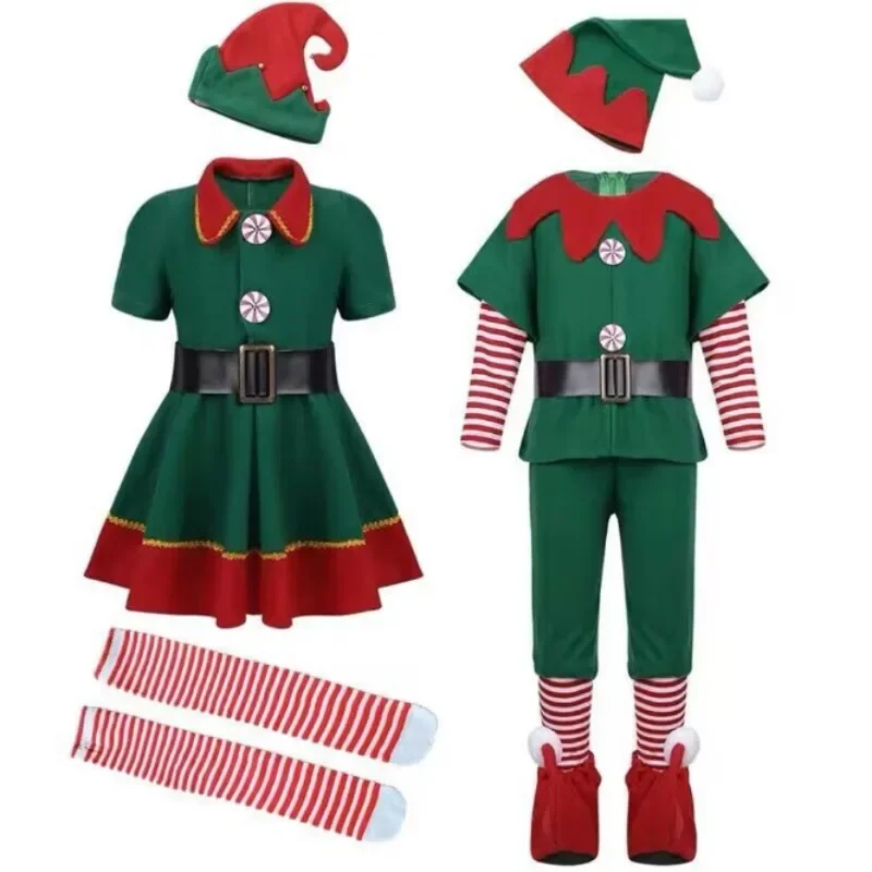 

Christmas Santa Claus Costume Green Elf Cosplay Family Carnival Party New Year Fancy Dress Clothes Set For Men Women Girls Boys