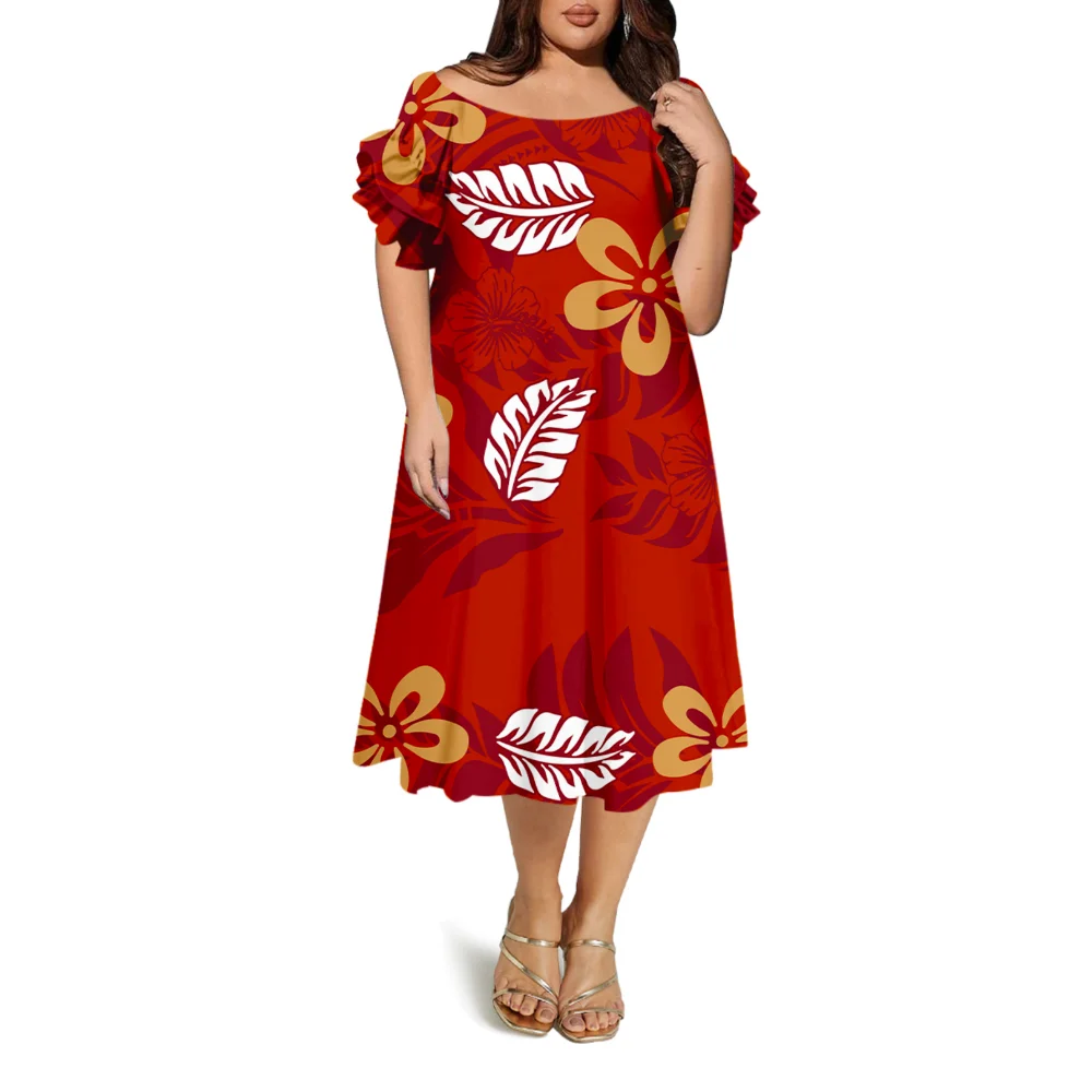 Novo estilo polinésia feminino vestido longo de manga curta vestido de um ombro padrão floral em camadas plissado fora do ombro vestido