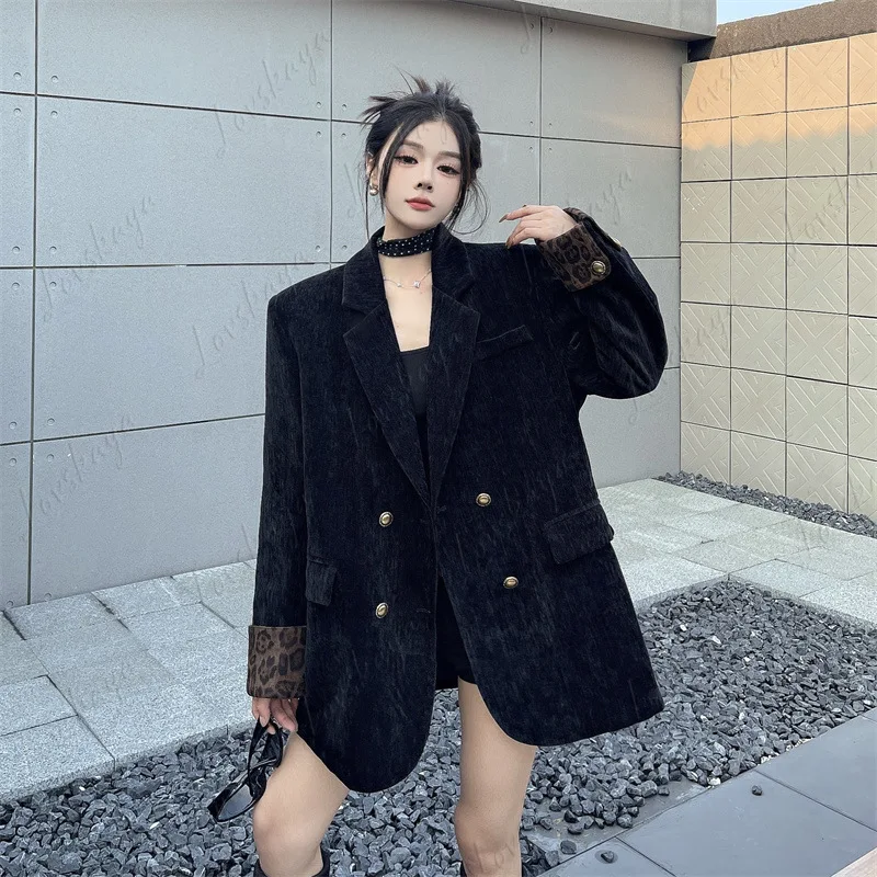 

Spring New Royal Sister Style High-end Chenille Blazer Splicing Leopard Print Korean Version Loose Top Women