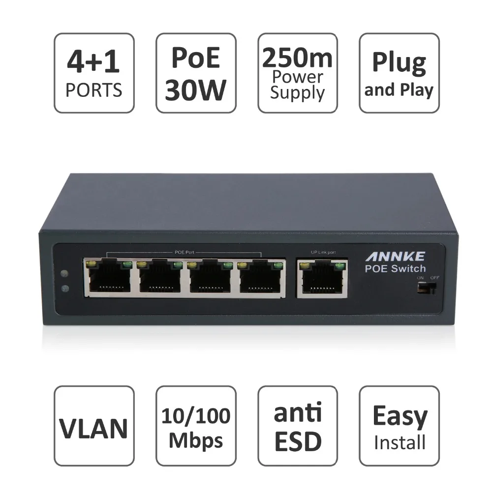 ANNKE 4POE 1FE 250m Long Distance POE Switch for IP Camera Wireless Access Point Computer Networks Switch Capability 1Gbps