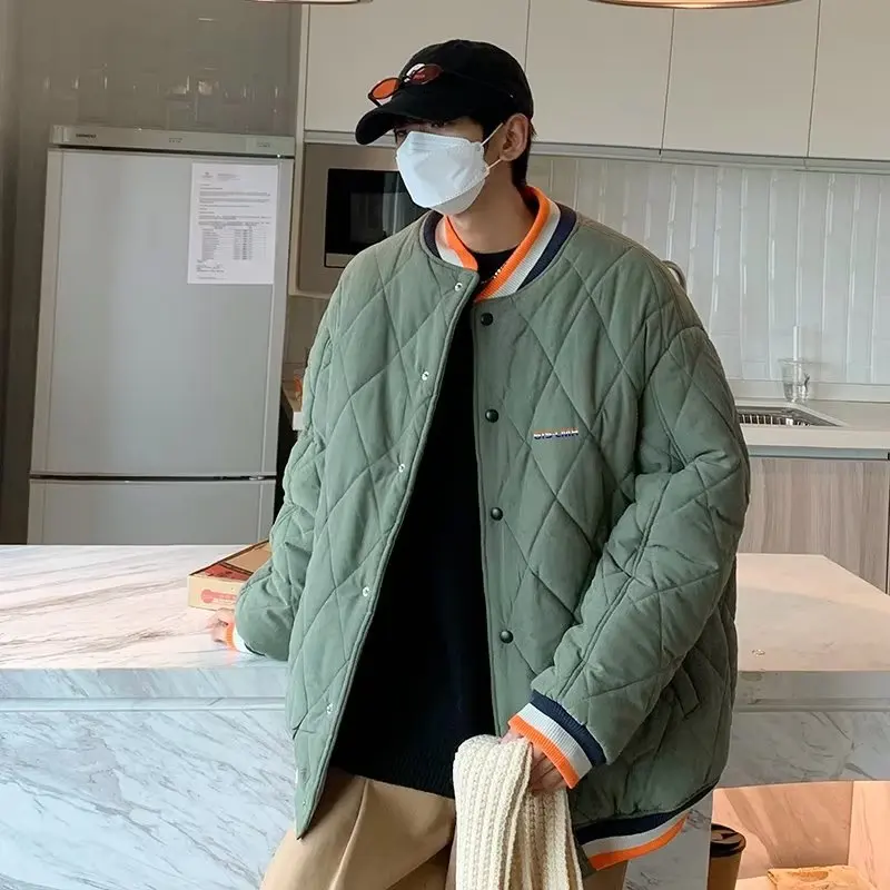 

Модная бейсбольная куртка с ромбовидным узором, мужская свободная утепленная теплая хлопковая куртка, повседневная верхняя одежда из полиэфирного волокна