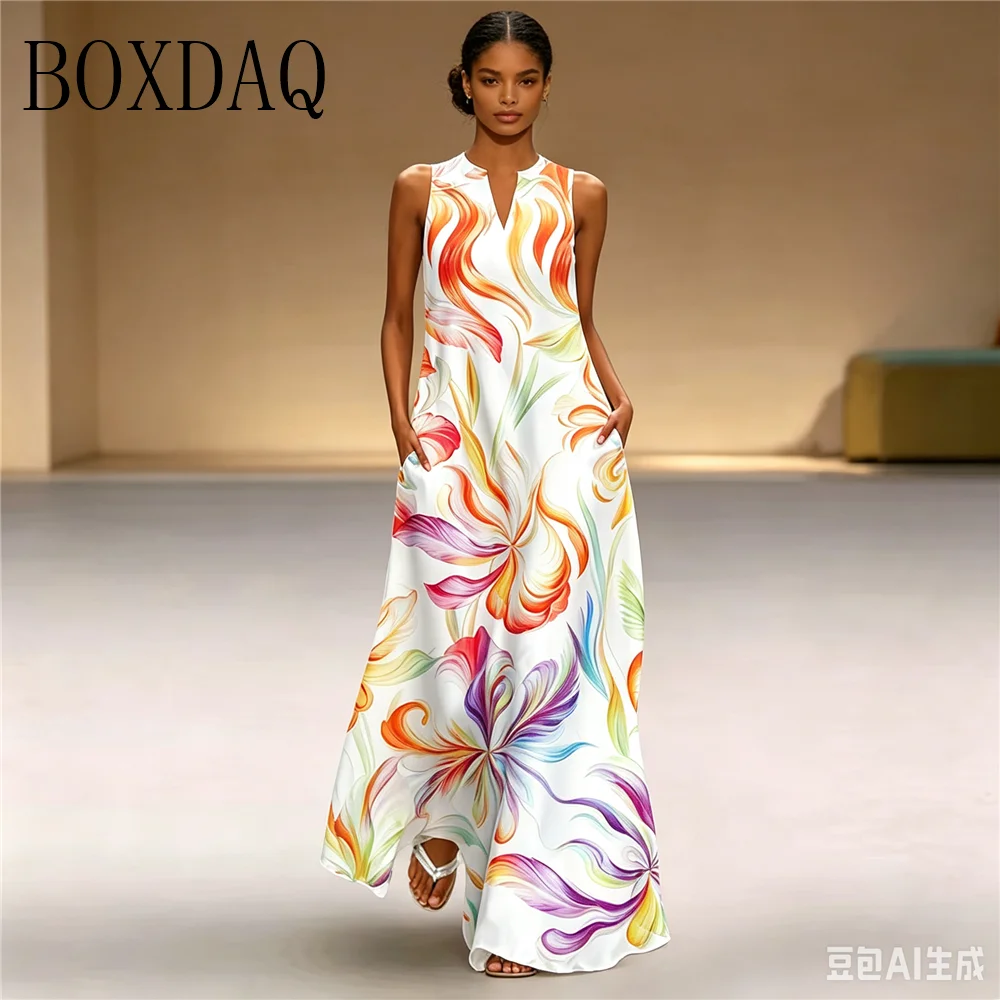 Gradient Abstract 3D Printed Maxi Dresses Women 2026 Summer Fashion Elegant Women Sleeveless Dress Loose Casual Tank Long Dress