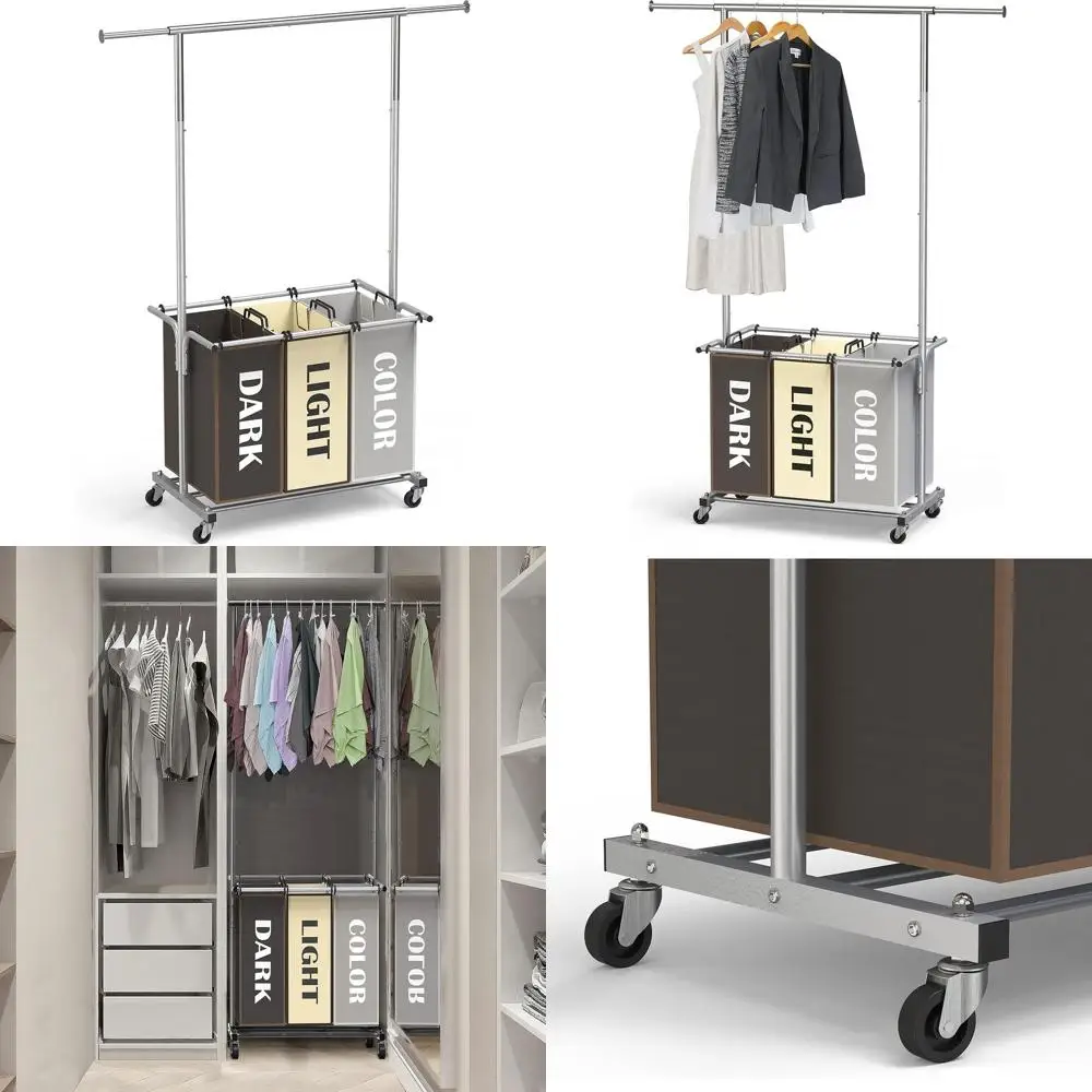 

3-Section Laundry Organizer with Expandable Hanging Bar and Assorted Colored Bags