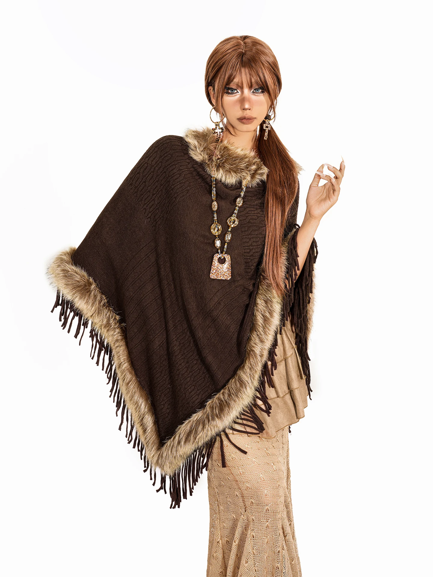 

Чернильный женский вязаный плащ oulder Batwing Sve Long Sve пальто неровный подол воротник из искусственного меха винтажная верхняя одежда