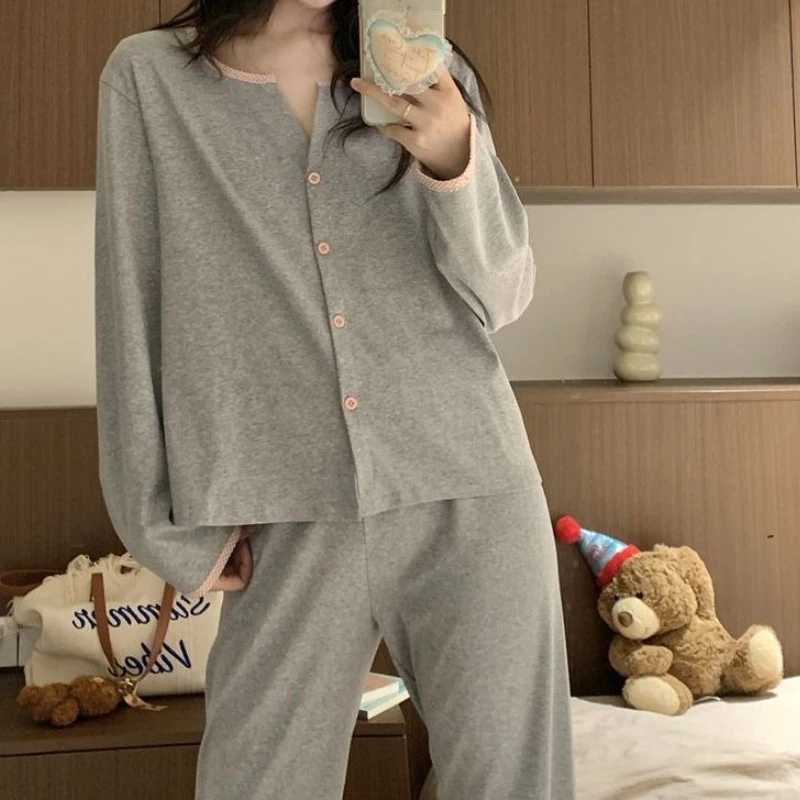 Women's Sleepwear Can Be Worn As Outerwear Home Suit Solid Color Loose Cardigan Long Sleeved Pants Женская Пижама image 3
