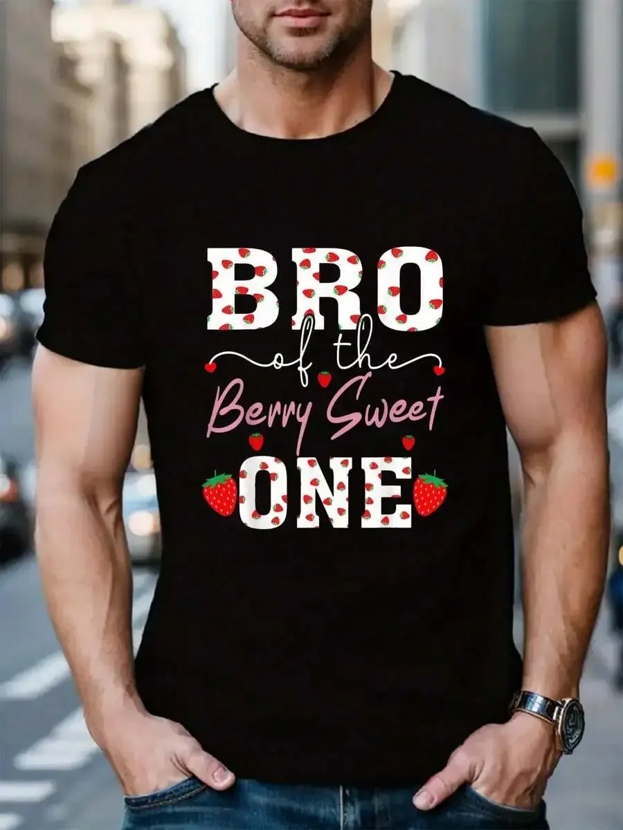 100% Cotton Bro Of The Berry Sweet One Strawberry T-Shirt Men's Black Vacation Crew Neck Short Sleeve Holiday T-Shirt Summer Tee