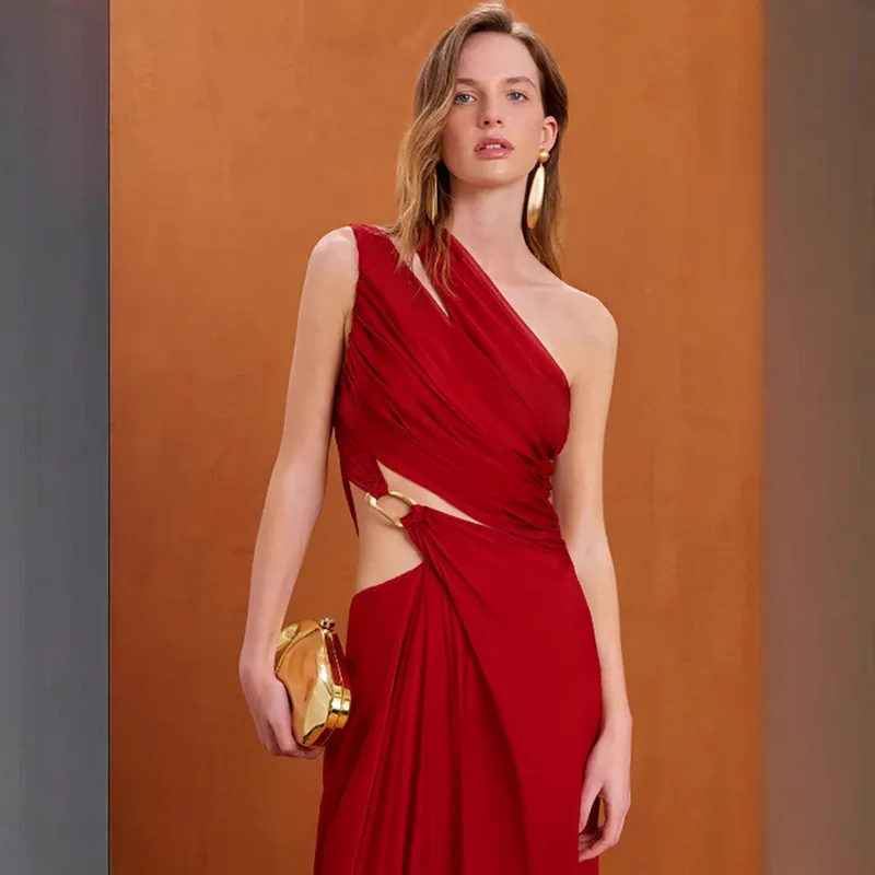 جديد مثير واحد الكتف غير النظامية قطع فستان طويل المرأة الأحمر أكمام مائل طيات سبليت فساتين السهرة فساتين الزفاف