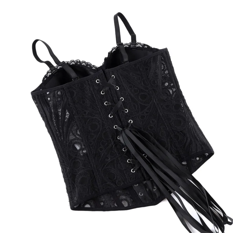 Gothic Sheer Lace Corset Top Spaghetti Strap Sweetheart Bustier Women Back Ribbon Waist Trainer Party Shaper view 4