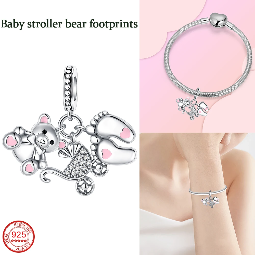 New 925 Sterling Silver Mother's Day - Baby Carriage Bear Footprint Pendant Fit DIY Women's Birthday Party Jewelry Accessories