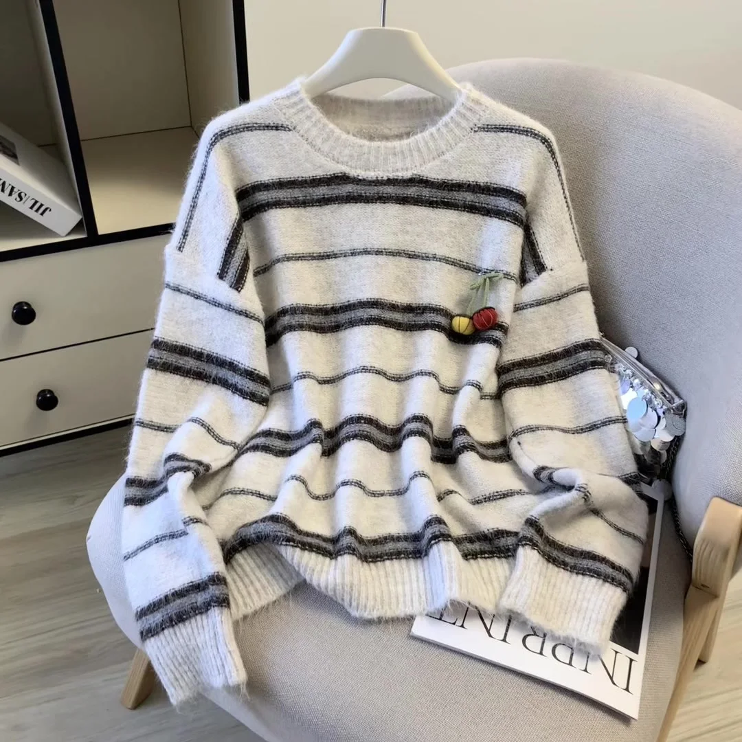 

Женский белый вязаный пуловер, винтажный джемпер, вязаный кашемировый свитер с длинными рукавами в полоску, осень-зима, одежда 2000-х годов, 2025 г.