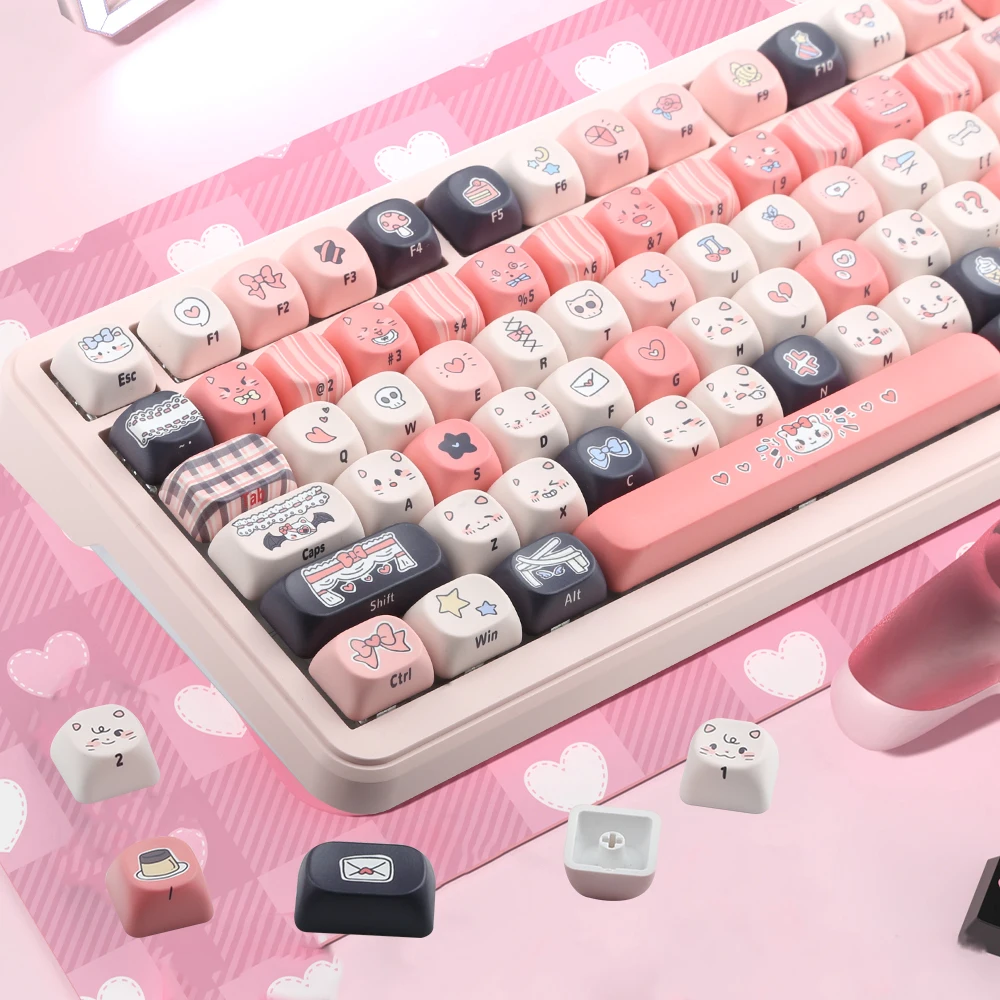

134Key Cute Meow PBT Keycap,5-Sided Sublimation MOA Keycap For MX Switch Mechanical Keyboard Keycap Pink Keycap Side Font Keycap
