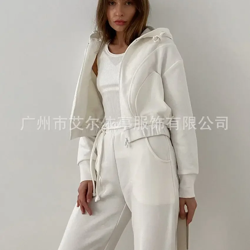 American women's clothing 2025 new set comfortable 100% air layer cotton zipper hooded sports sweater straight pants two