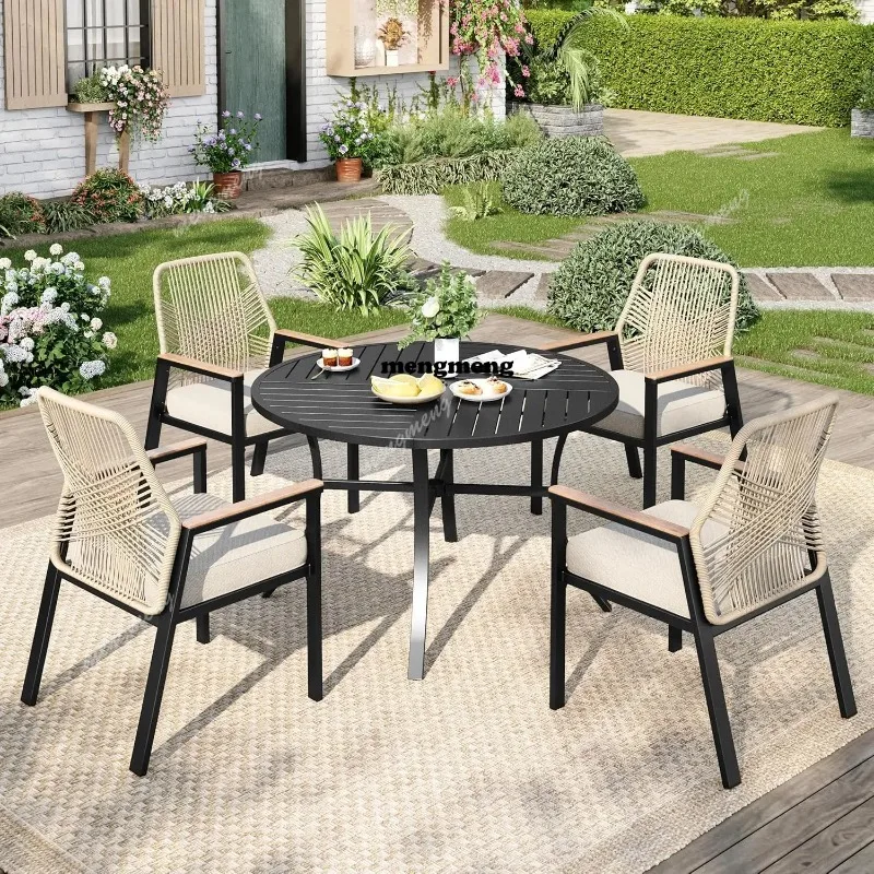 5 Pieces Round Outdoor Dining Set for 4, Patio Dining Set Wicker Rattan Chairs with Soft Cushion and 42