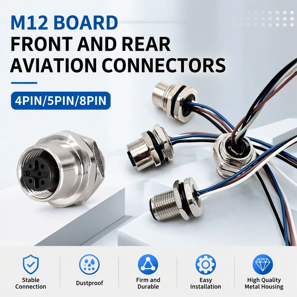 M12 Industrial Connector 4 5 8Pin  IP67/68 Waterproof Male Female Plug Socket Weld Type 12mm 16mm Hole Bulkhead Sensor Connector