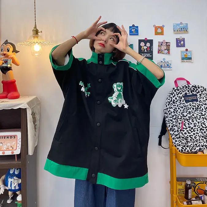 Baseball Splice Contrast Color Cartoon Bear Button Up Shirt Harajuku Oversized Loose Kawaii Tops for Teenage Summer Large 2XL