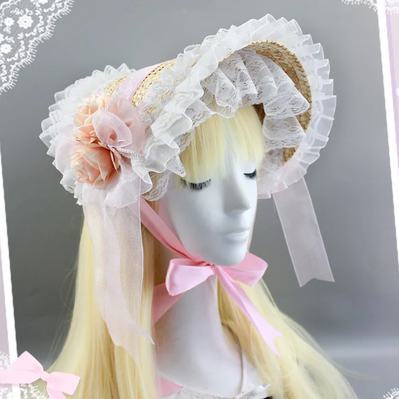 

French Style Straw Fascinators Headdress Women Kid Lace Flower Bonnet Ribbon Headband Summer Tea Party Chapeau Mariage Femme