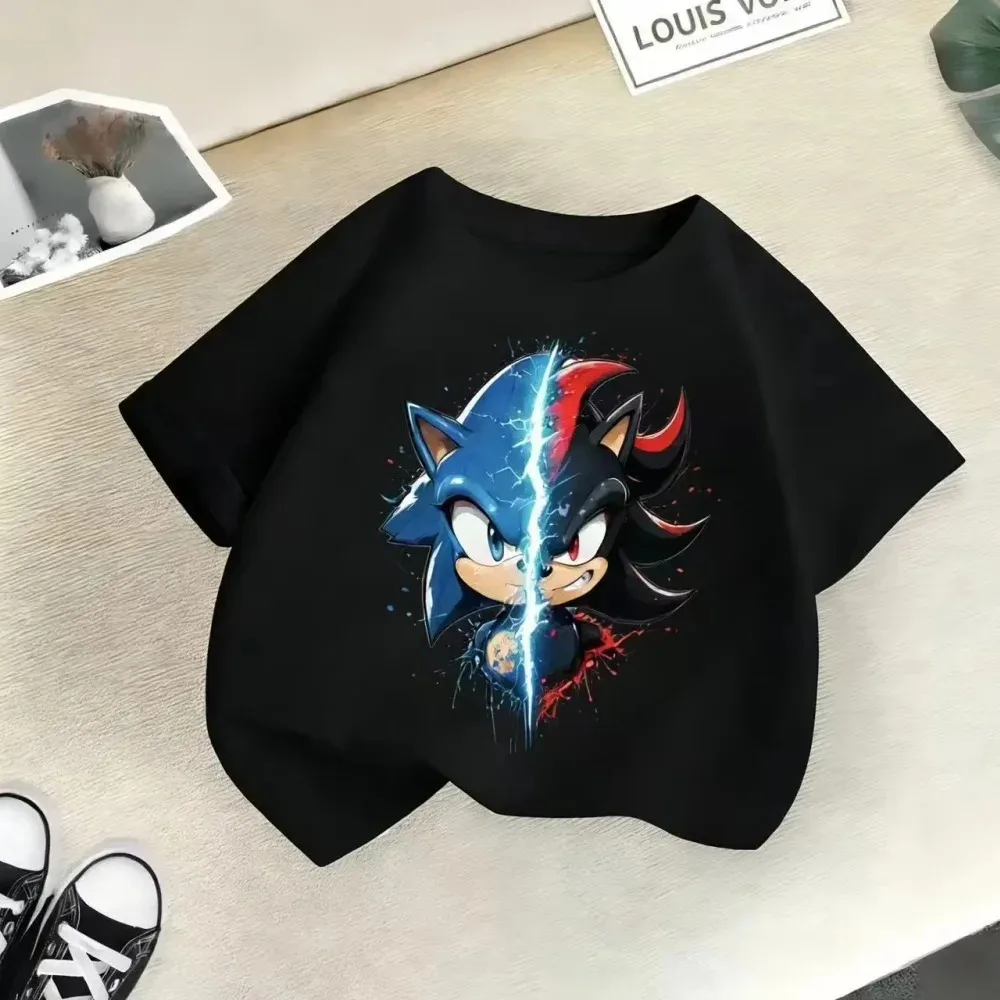 2026 Cartoon Boys' Round Neck Comfortable Short Sleeve Sonic The Hedgehog Children's Pure Cotton T-Shirt Girls' Breathable Top