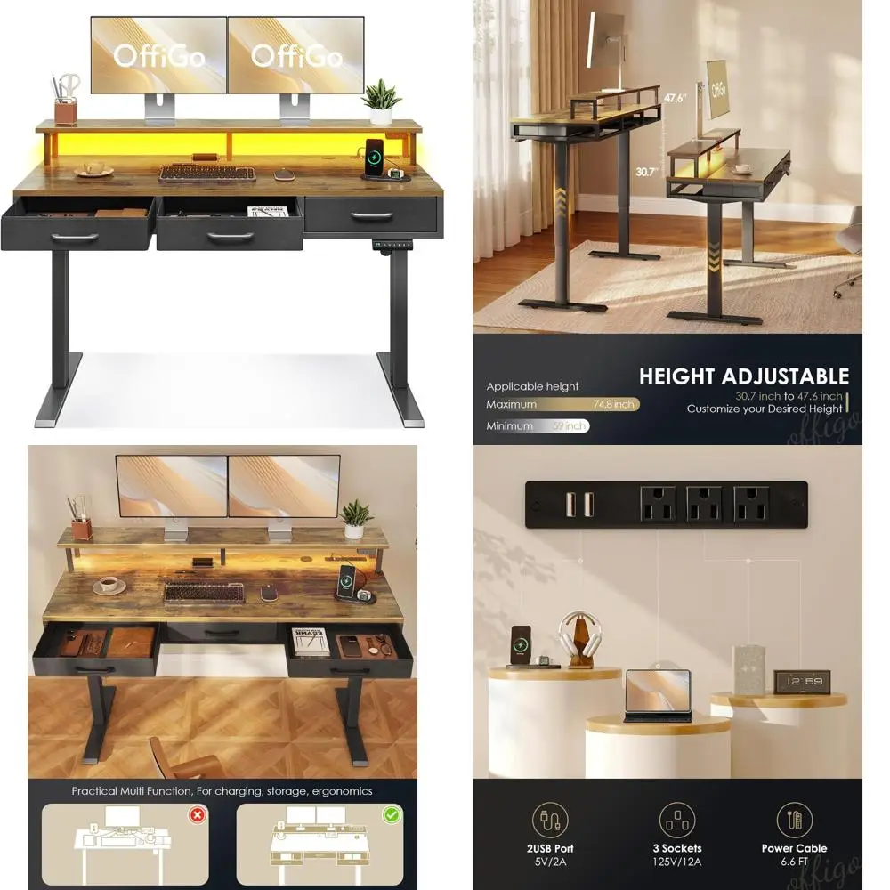Electric Height Adjustable Desk 55 with Drawers, Power Outlets, LED Lights, Sit-Stand Table for Ergonomic Home Office