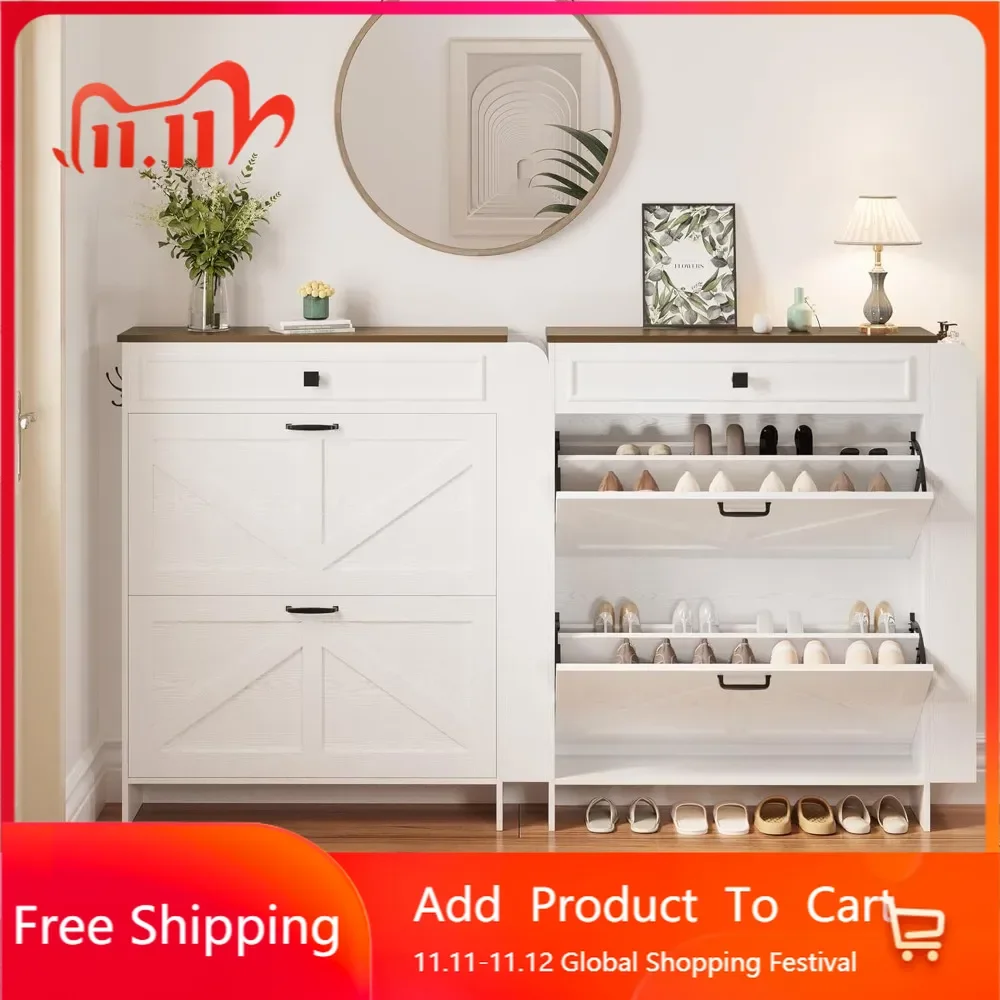 

Шкаф для хранения обуви с 2 откидными ящиками и дверцами в стиле амбарных дверей, отдельно стоящий органайзер для обуви с ящиком и полками для хранения.